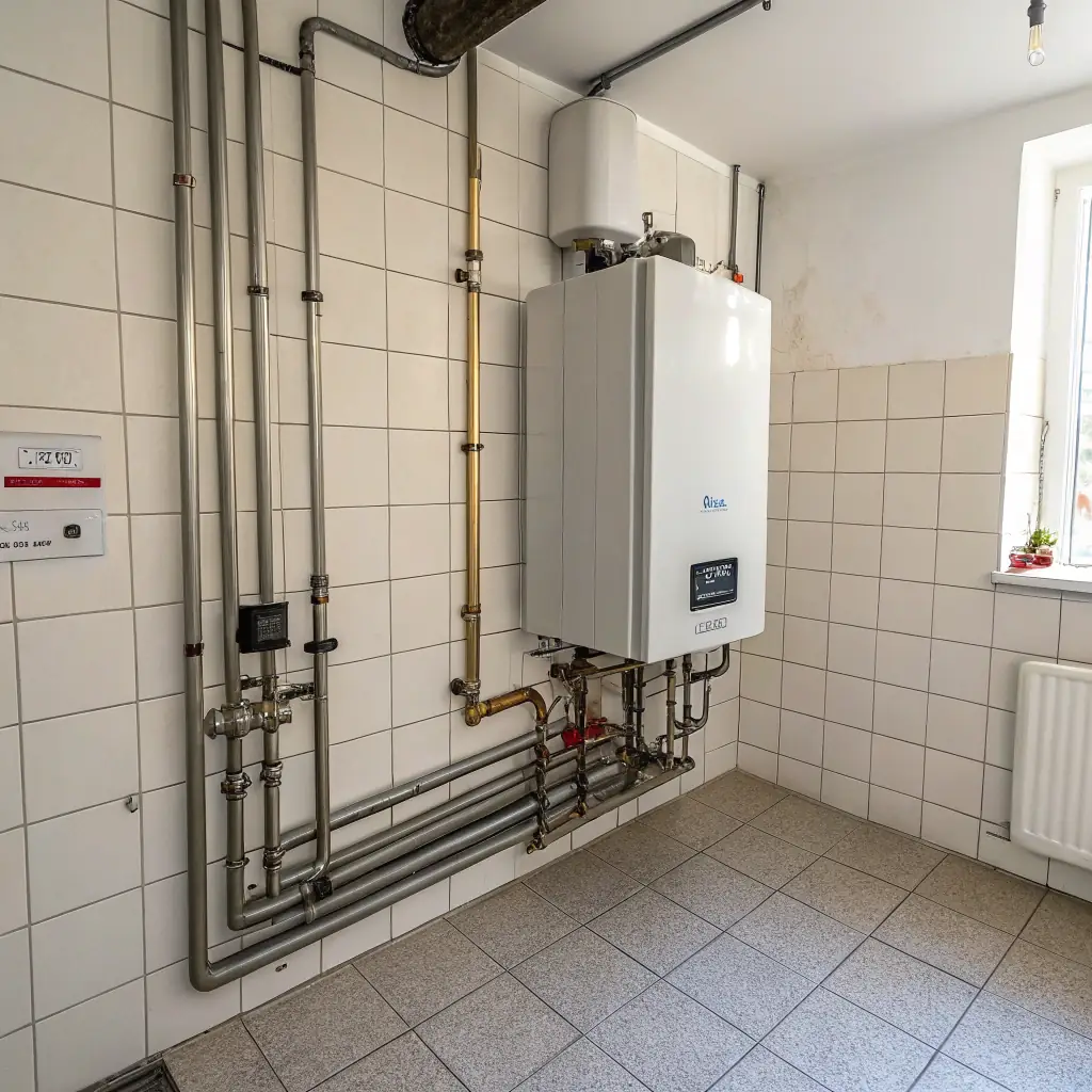 An image depicting a modern, energy-efficient heating system installation in a home in Alicante, Spain. The image should convey comfort and energy savings.