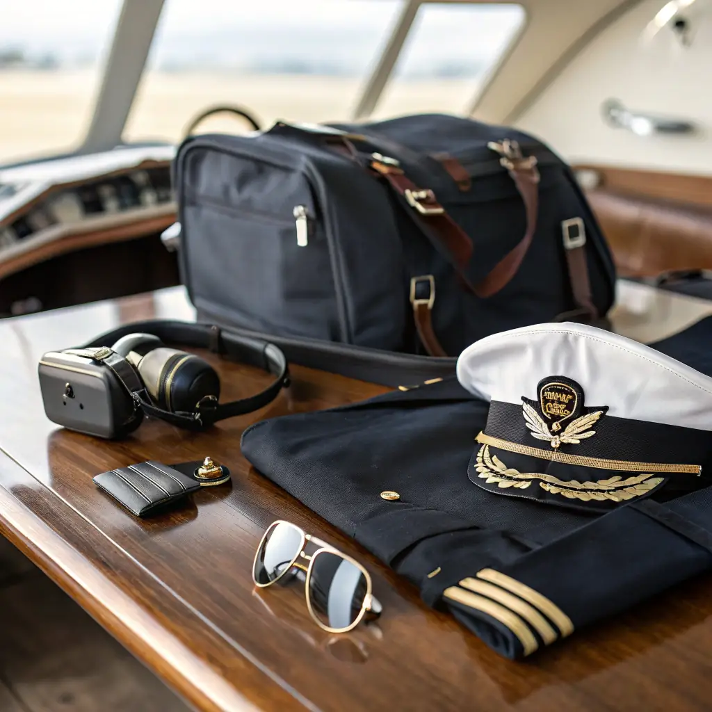 A high-quality image showcasing a diverse range of aviation uniforms, including pilot uniforms, flight attendant attire, and ground crew outfits, displayed in a modern and professional setting.