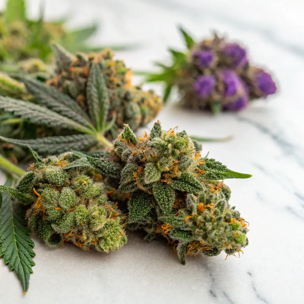 A close-up shot of fresh cannabis buds, glistening with trichomes, placed on a dark wooden surface. The background is blurred to emphasize the quality and freshness of the cannabis. The image is intended to evoke a sense of premium quality and natural wellness.