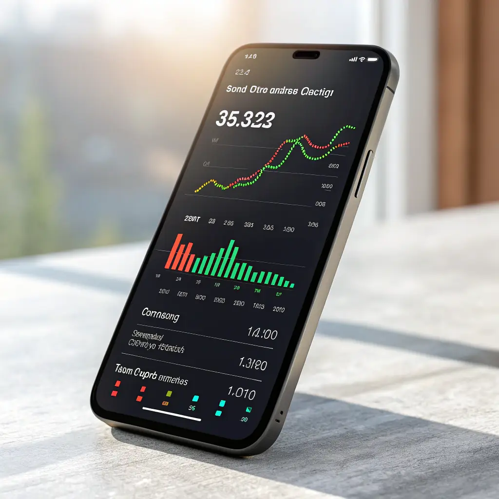3D rendering of a smartphone displaying the CoTrainr app's analytics dashboard, showcasing workout tracking and progress metrics. The phone is floating slightly above a clean, modern background with orange accents, creating a tech-fitness aesthetic.