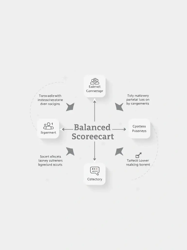 An integrated Balanced Scorecard visually representing strategic alignment and monitoring, highlighting the interconnectedness of key business objectives within WebAccountPlus.