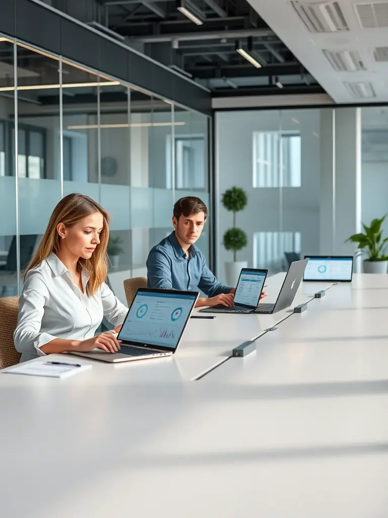 A modern office setting with consultants working on laptops, showcasing automated task management and streamlined payment processes. The environment is professional and efficient.