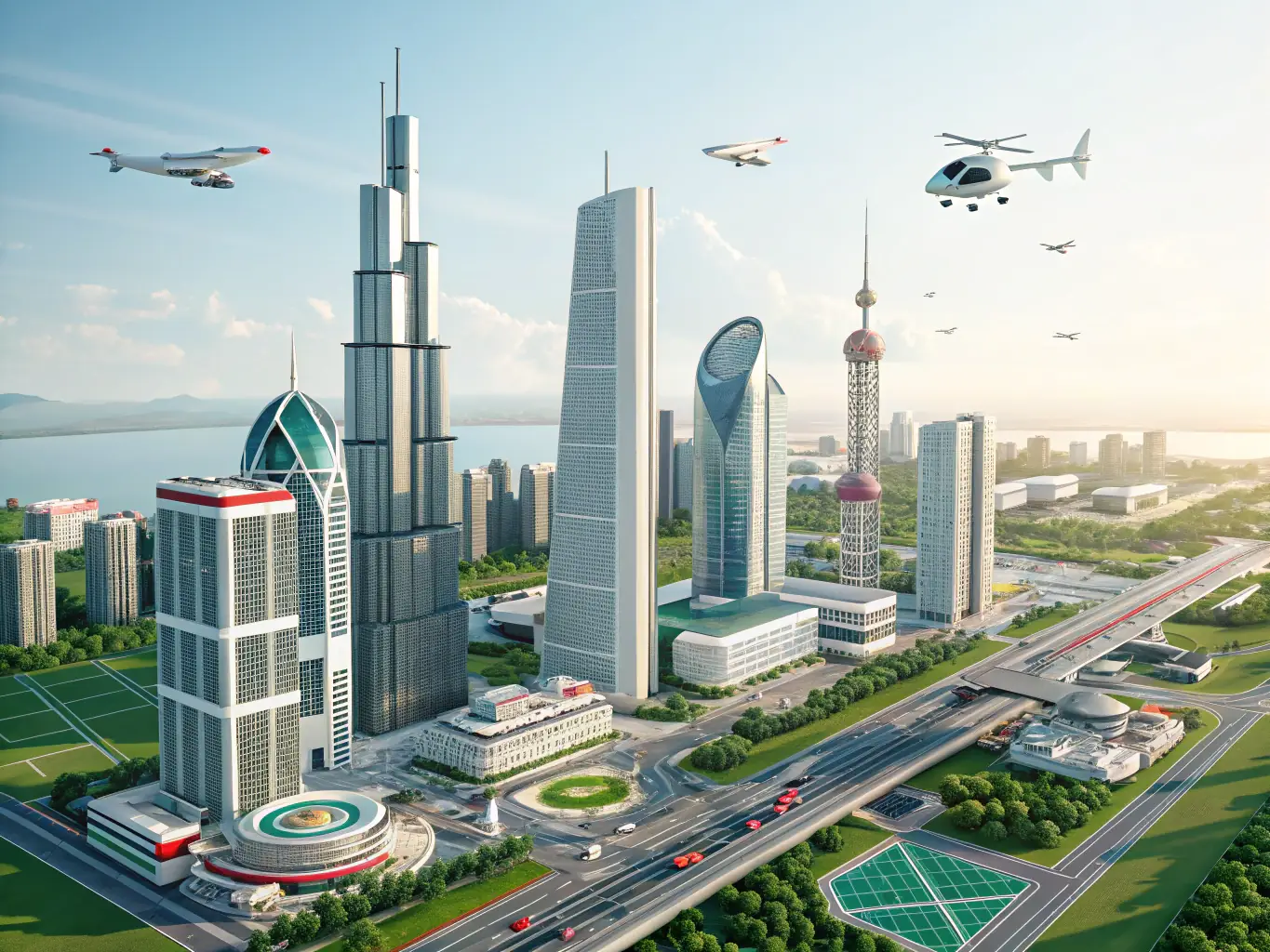 A futuristic cityscape with advanced humanoid robots working seamlessly in manufacturing and logistics, showcasing AI-driven automation and sustainable practices.