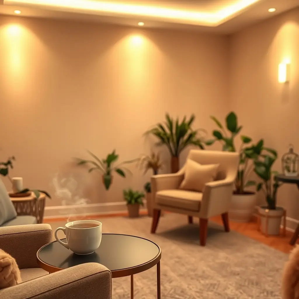 A peaceful therapy room with soft lighting and comfortable seating.