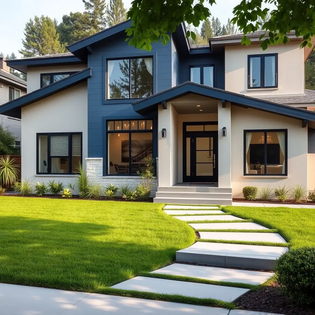A modern, elegant home exterior showcasing a blend of traditional architectural styles with subtle 3D-printed elements, set in a lush, green community.