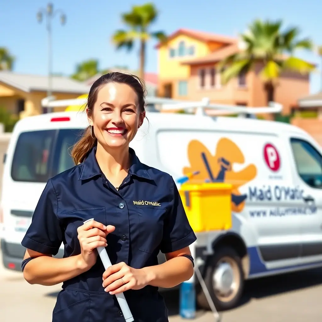 A warm, inviting image of the founder in a cleaning uniform, standing proudly in front of a Maid O' Matic van, with cleaning equipment visible, set against a bright Albuquerque neighborhood background.