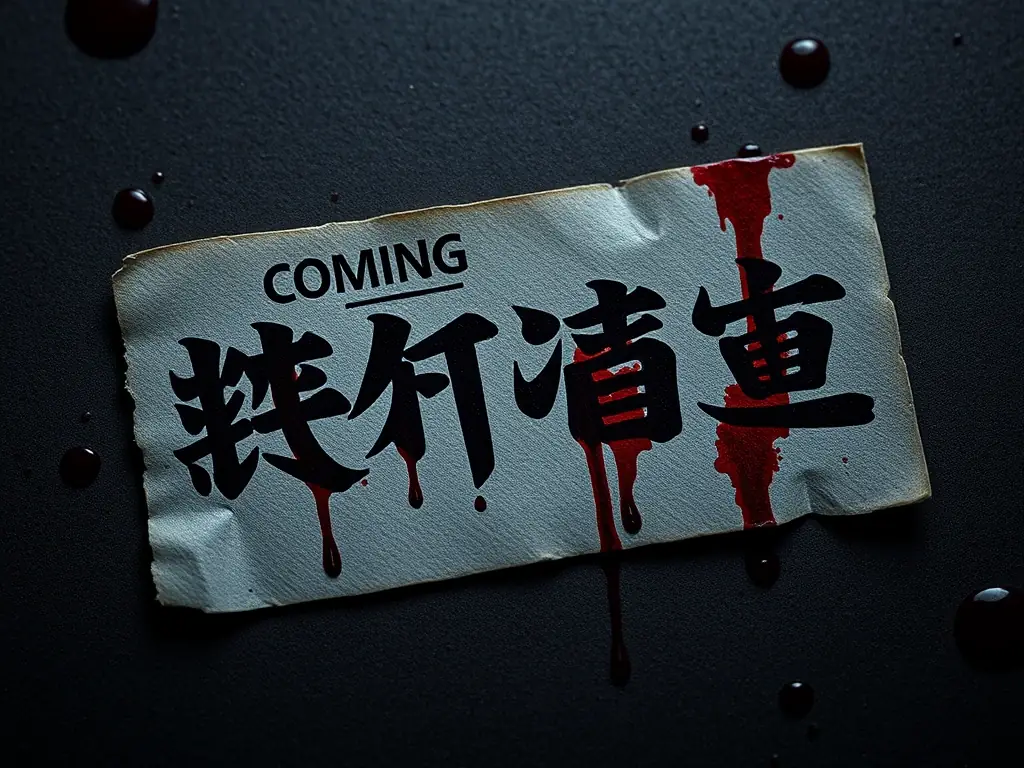 Blood dripping Japanese 'COMING SOON' label with dark, ominous background and blood splatter effects