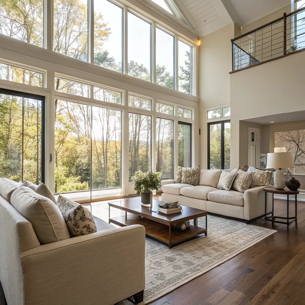 A bright, inviting image of a spotless, well-organized living room in a modern home, showcasing the results of Quick Hands Cleaning's services. The room should have natural light and subtle, tasteful decor to convey a sense of cleanliness and comfort.