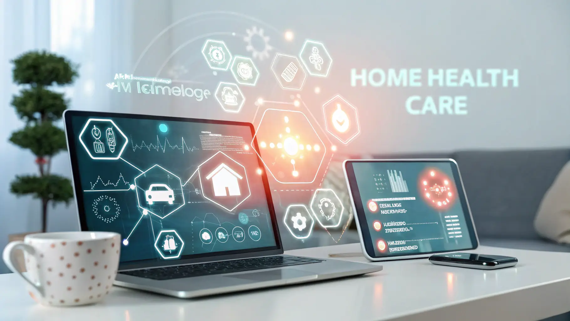 An AI assistant helping a caregiver with their tasks, showing a user-friendly interface with clear and concise information.