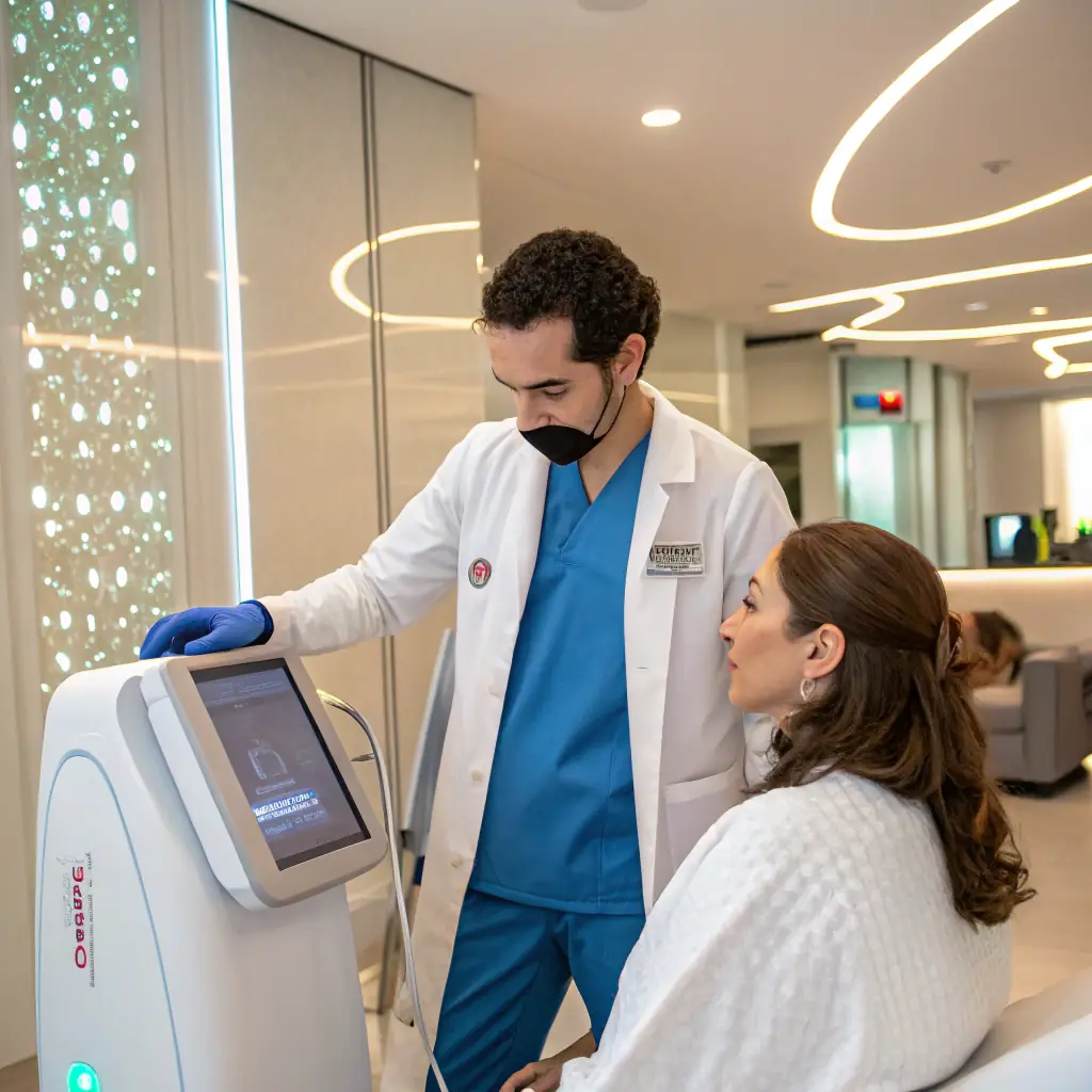 A detailed image of a LEVI LAB technician performing scar camouflage treatment, showcasing the advanced equipment and professional environment
