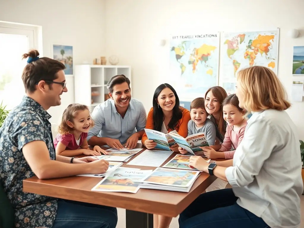 A family happily planning a vacation using a travel savings app on a tablet, representing the joy of saving for future experiences.