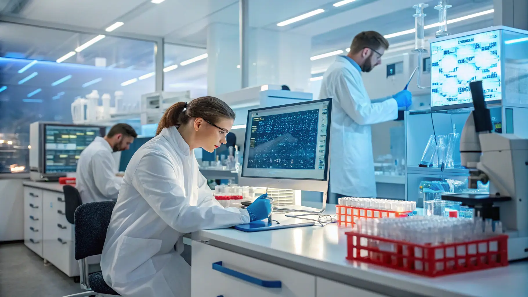 A laboratory scene with scientists working on biosynthesis processes, showcasing advanced technology and research.