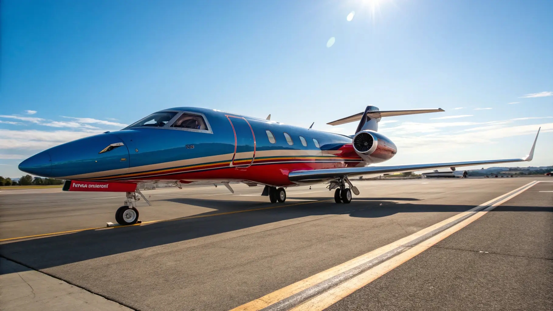 A modern private jet parked on a runway, symbolizing Al Majallar Holding LLC's aviation asset management capabilities. The image should convey professionalism, efficiency, and high-value asset management.