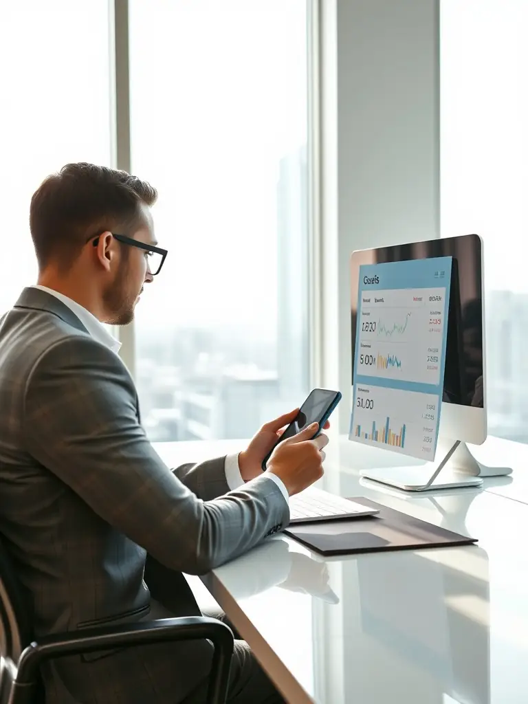 A financial analyst reviewing cash flow management reports on a smartwatch, demonstrating the accessibility and convenience of QuickBooks integration with KeyBoardless CRM.