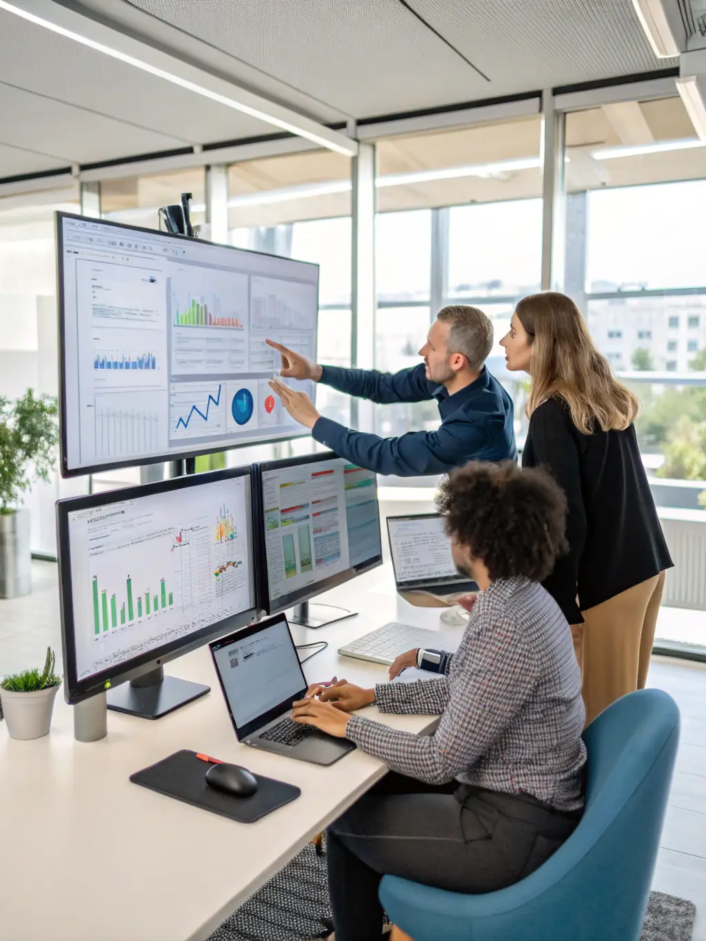 A diverse group of professionals using various wearable devices to access and manage accounting data, emphasizing the universal compatibility of KeyBoardless CRM.