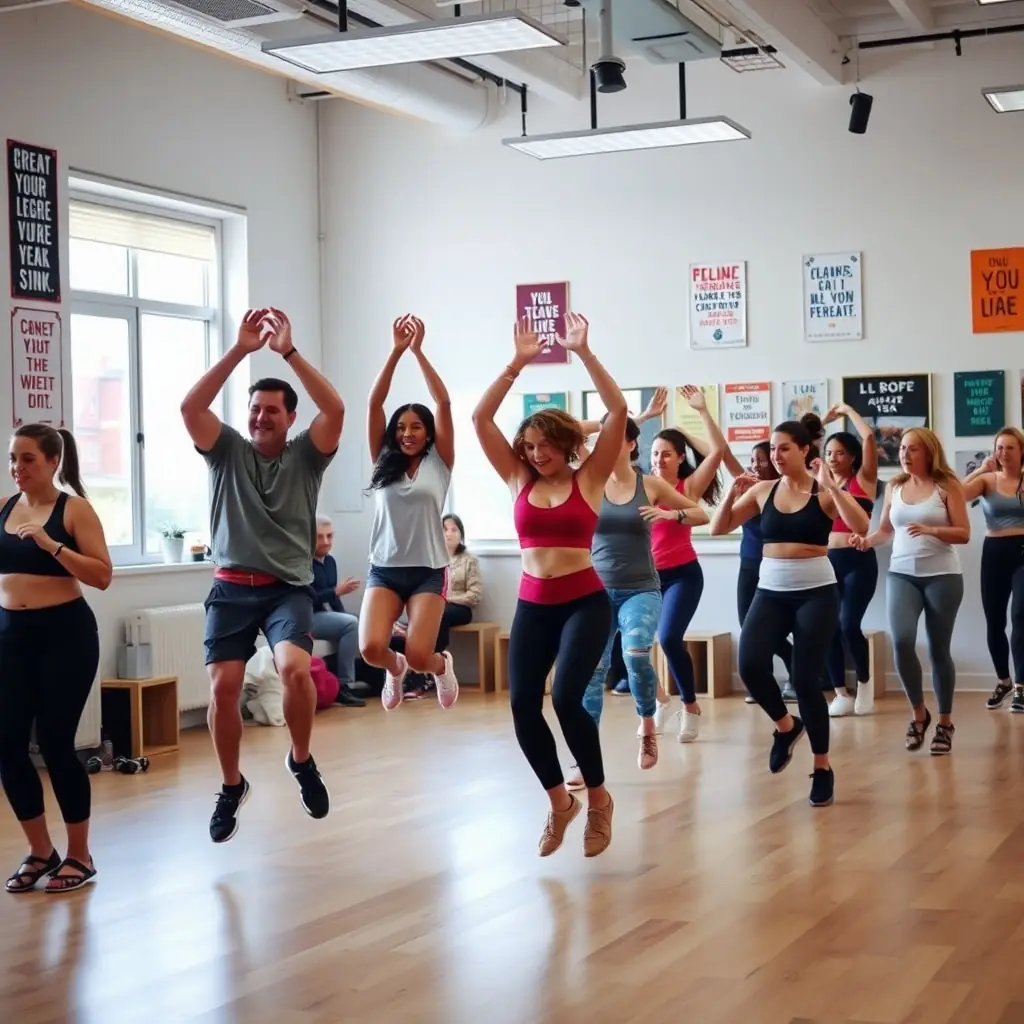 A diverse church congregation gathered in a bright, welcoming space, participating in a group fitness session led by a smiling coach, with subtle Christian symbols and digital devices visible, representing virtual and in-person support.