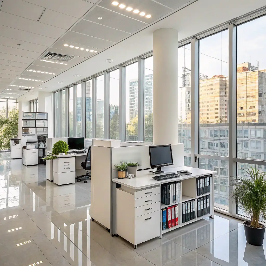 A clean and organized office space with natural light, showcasing the results of a professional cleaning service. Focus on the cleanliness and orderliness of the environment.