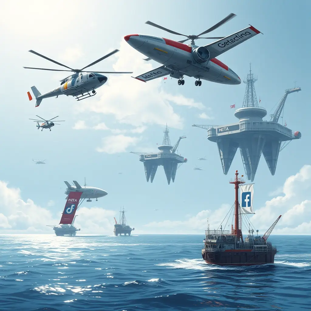 A futuristic scene depicting offshore air defense radar platforms in the Gulf of Mexico, enhanced with elements like Google helicopters, META blimps, and even an X-wing fighter, symbolizing the cutting-edge approach to voice search optimization and digital marketing. Banners with chat bot signs and Facebook logos are visible, representing the integration of various digital platforms.