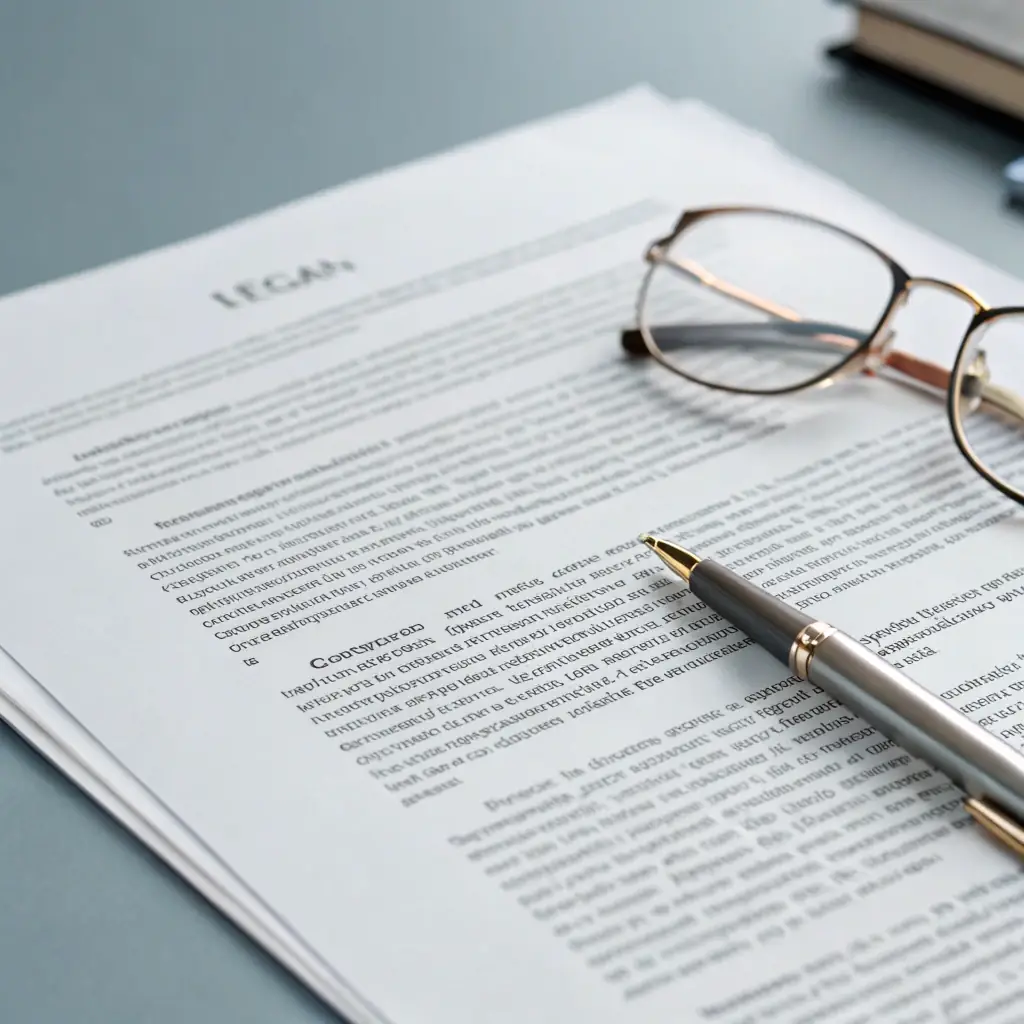 A close-up shot of hands carefully reviewing a legal document with a magnifying glass, emphasizing the attention to detail and accuracy in document preparation. The setting is a well-lit, professional office environment.