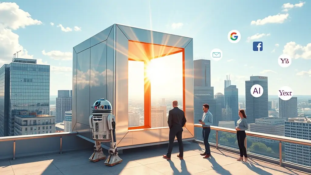 r2 d2 - c3po & large lighted Omegacube with sun rays beaming into High Rise Google on 2nd Street in Austin TX Roof Top Meetings FACEBOOK, BRAVE, YAHOO, YEXT, Search Engine Platforms and AI, Gurus, and Team
