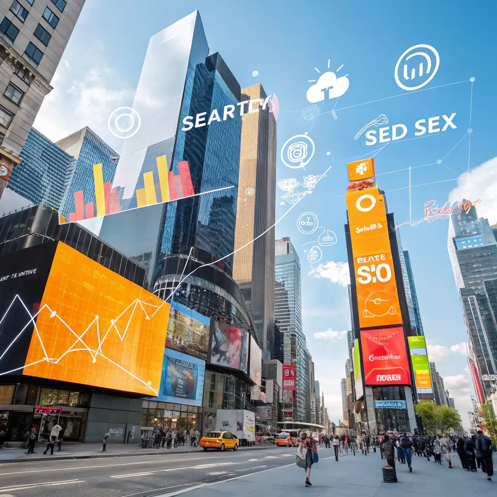 A vibrant, eye-level photograph of a bustling city street with various storefronts. Overlaid on the image are stylized icons representing Google Maps pins, Yahoo Local markers, and Bing Places logos, subtly highlighting the concept of local search visibility. The OmegaQube logo is discreetly placed in the corner.