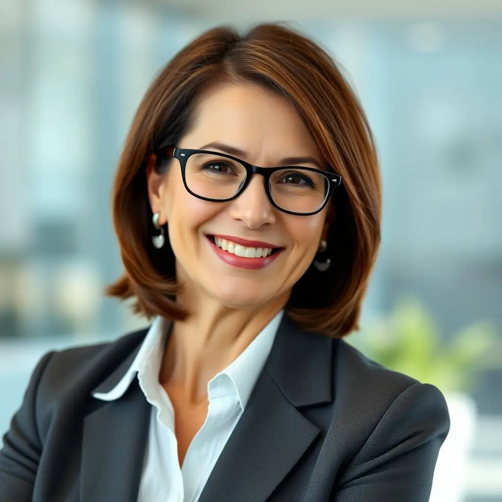 Maria is a middle-aged woman with short dark hair and a warm, approachable smile. She wears glasses and a professional blazer.