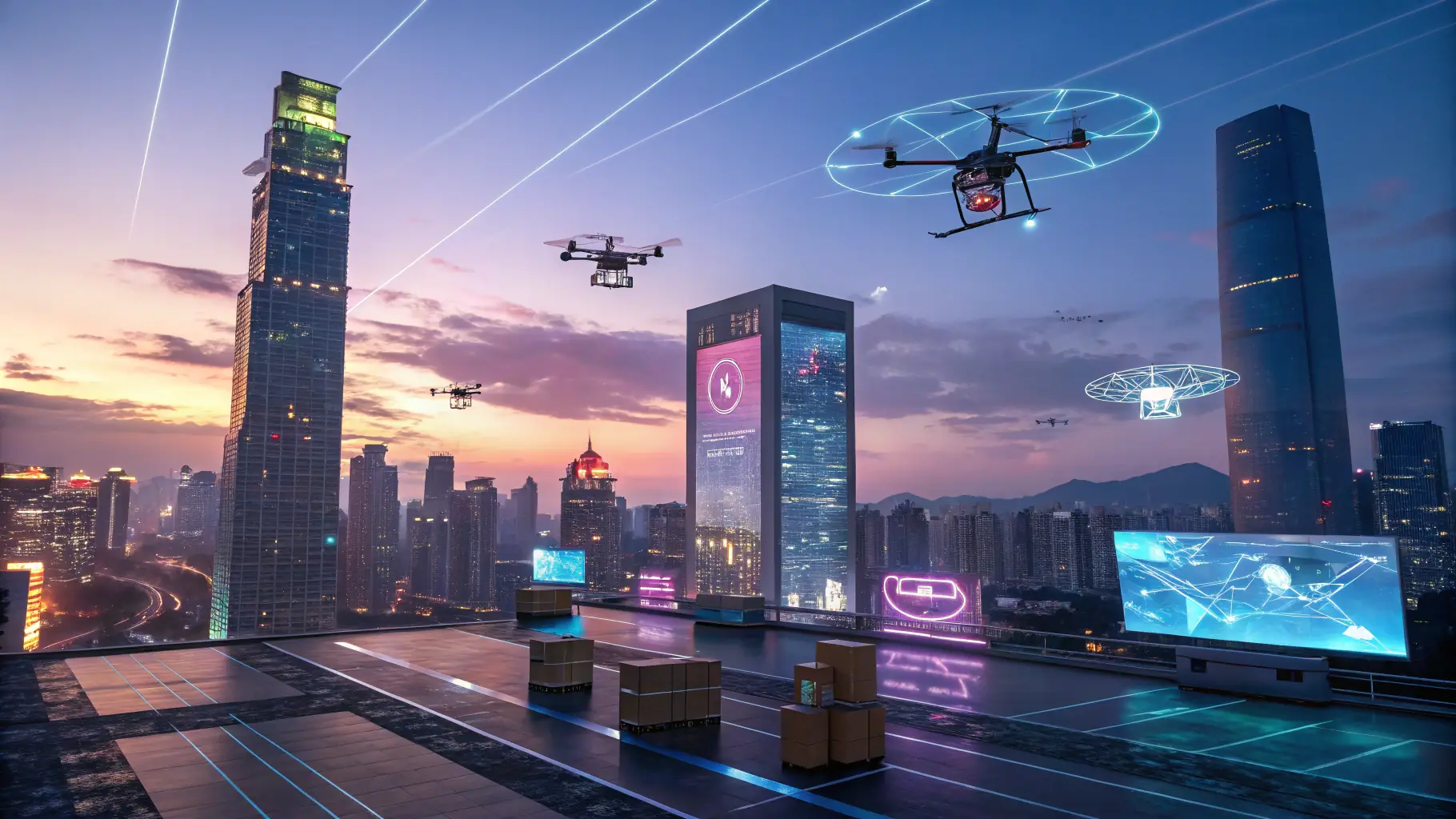 A futuristic cityscape with digital marketing elements floating in the air, representing OmegaQube's innovative approach to digital marketing.