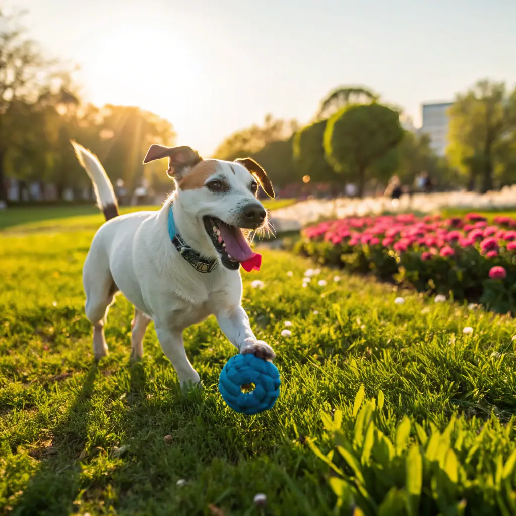 A happy dog playing with a toy made from recycled materials in a sunny park, emphasizing the joy and health benefits of eco-friendly pet products. The background should feature lush greenery to reinforce the environmental aspect.