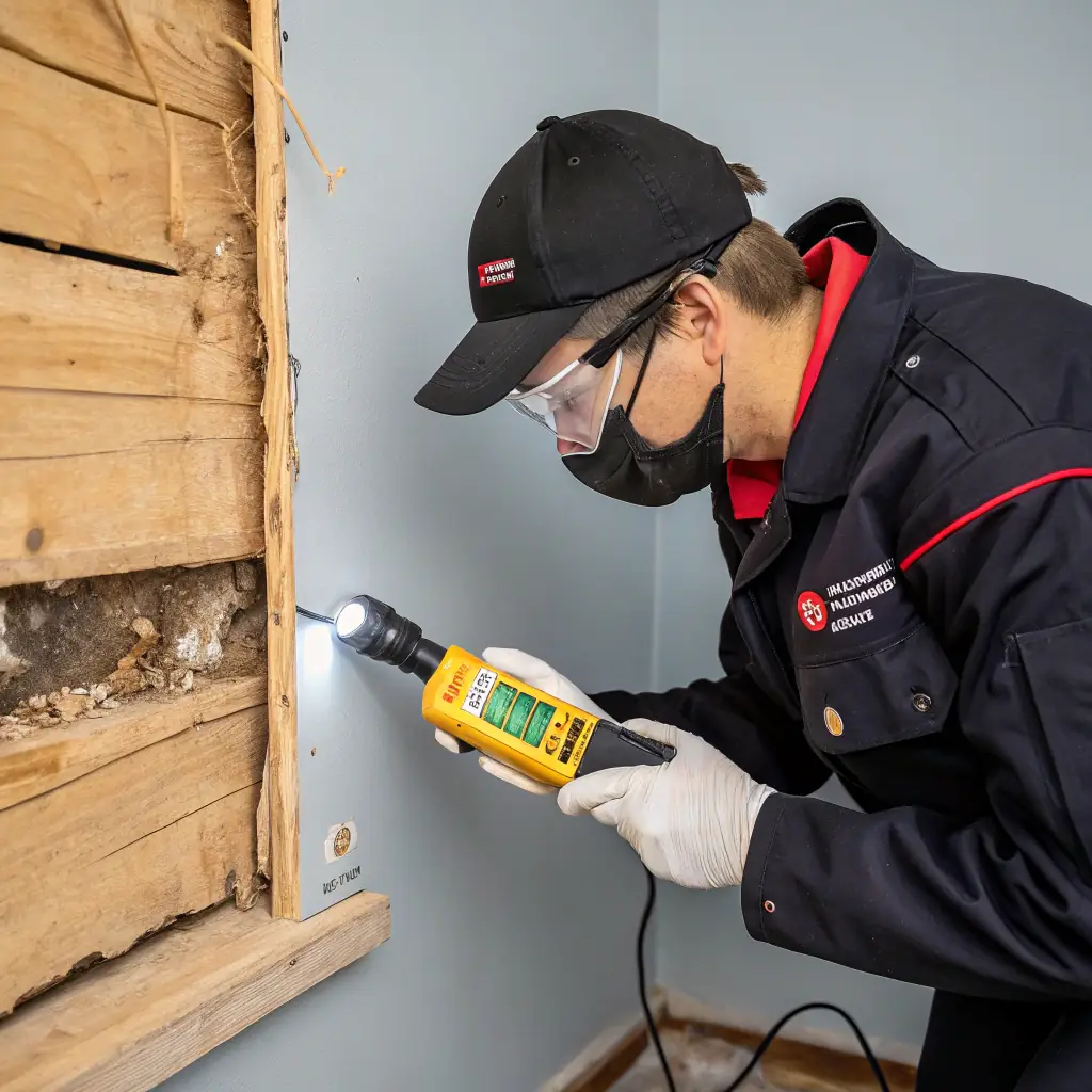 A close-up of termites damaging wooden furniture, with a professional pest control technician applying anti-termite treatment in a modern home setting, branded with Span Shield Pest Control Service colors.