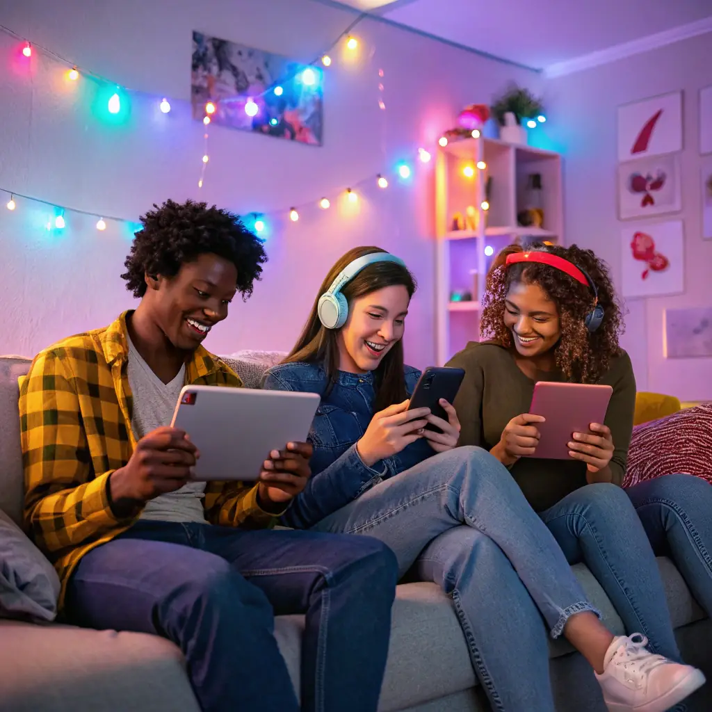A diverse group of young adults enthusiastically watching a TikTok video on their smartphones, showcasing a branded product seamlessly integrated into the storyline. The scene is vibrant and engaging, reflecting the addictive nature of scroll-stopping content.