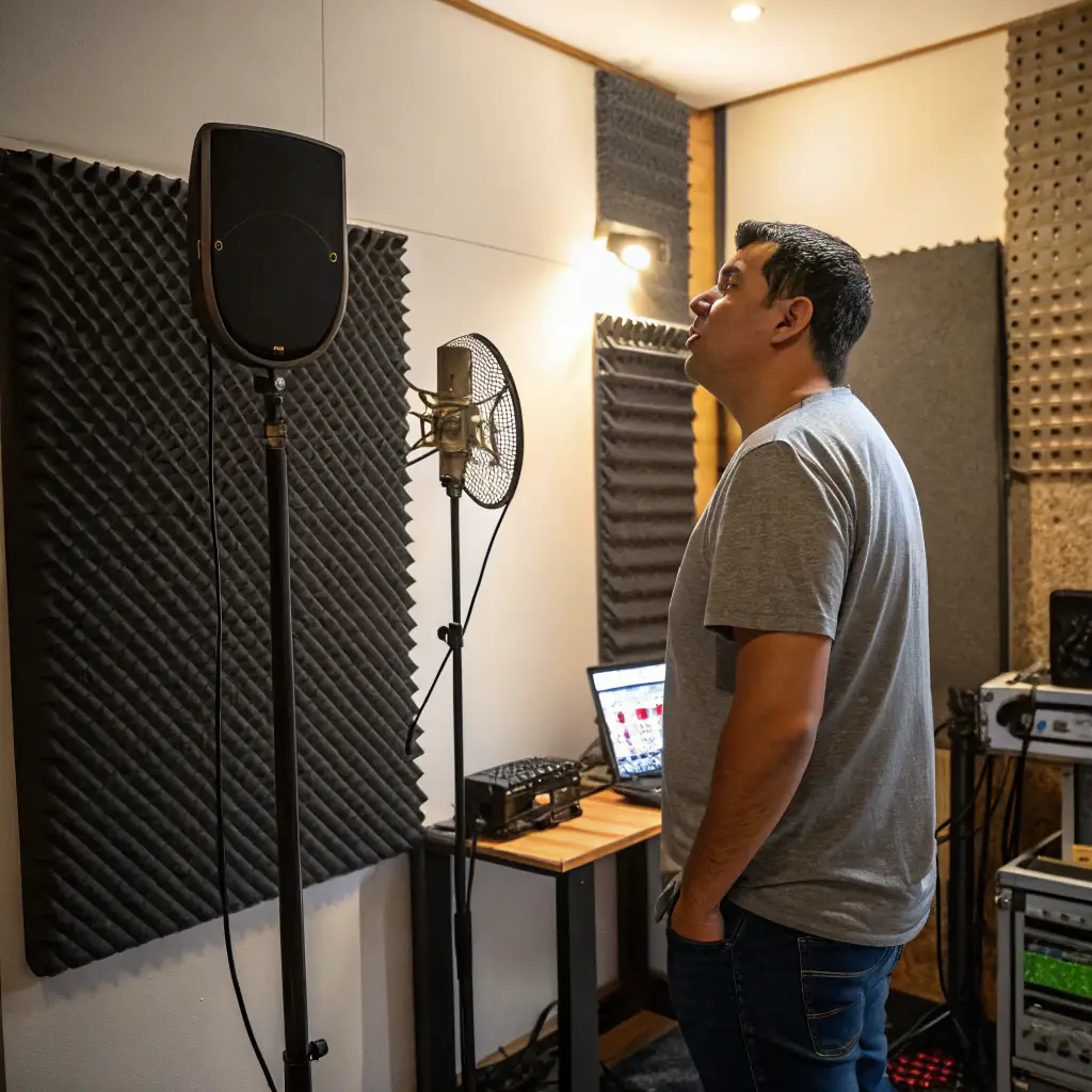 A person recording audio with a microphone and laptop in a recording studio. The image is in black and white.