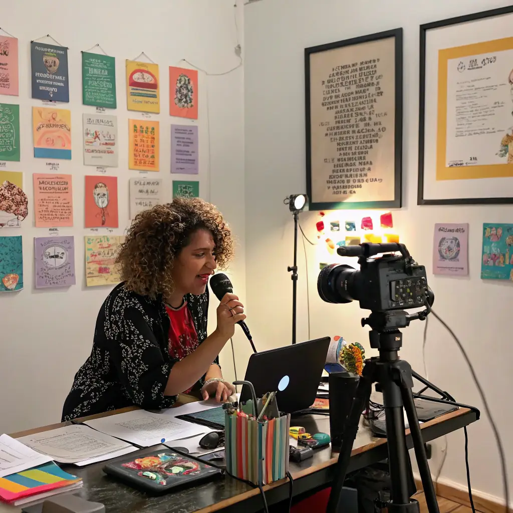 Another woman wearing headphones and working at a desk with a microphone in a recording studio. The image is in black and white.