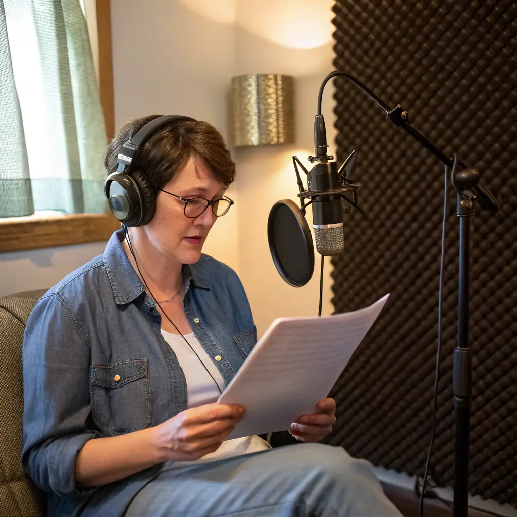 A woman wearing headphones and working at a computer in a recording studio. The image is in black and white.