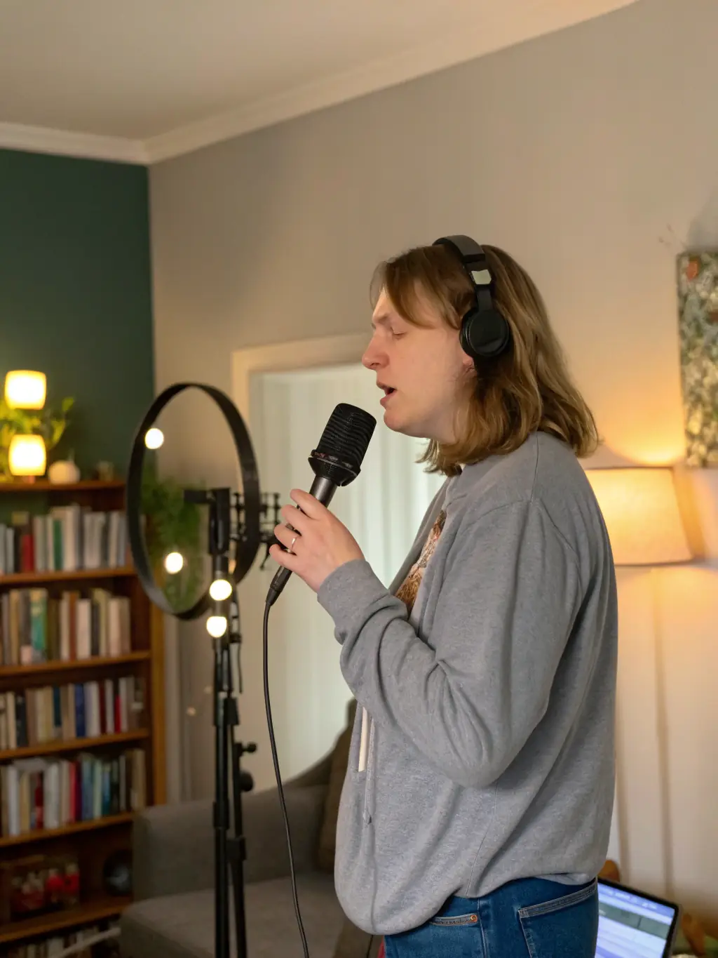 A woman smiling and speaking into a microphone, wearing headphones and holding a cup in a recording studio. The image is in black and white.