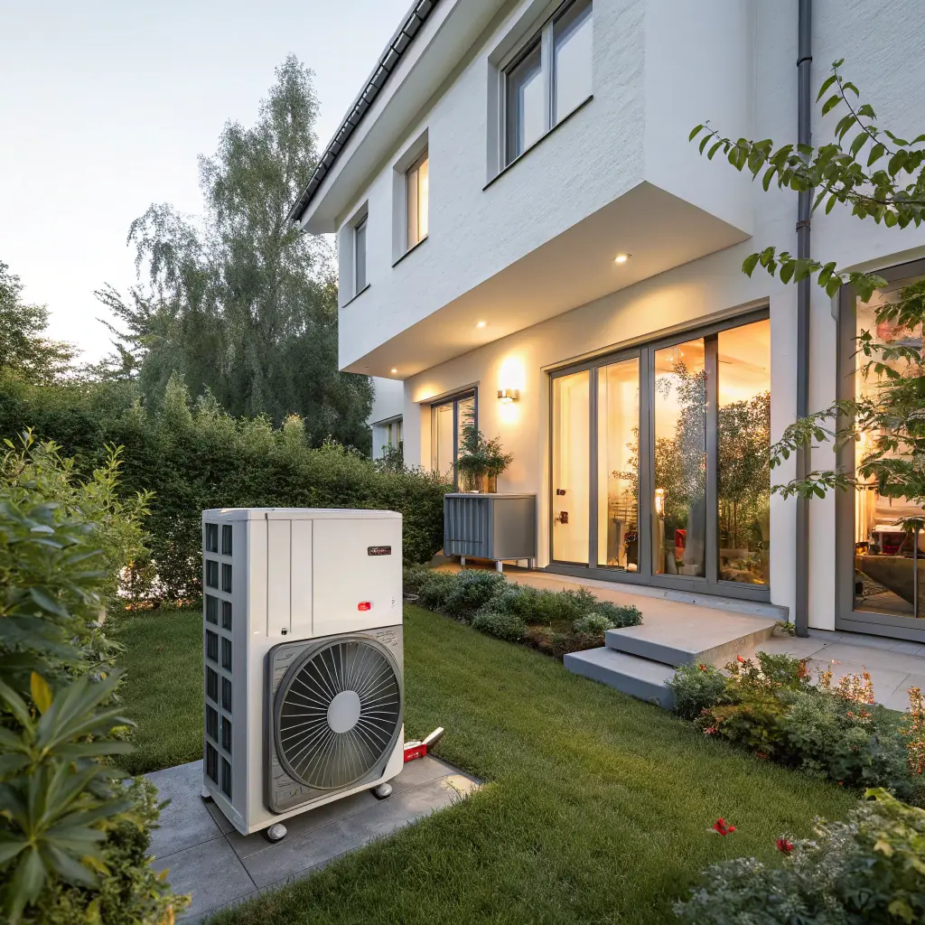 A modern heat pump installed in a utility room in a Swedish house.