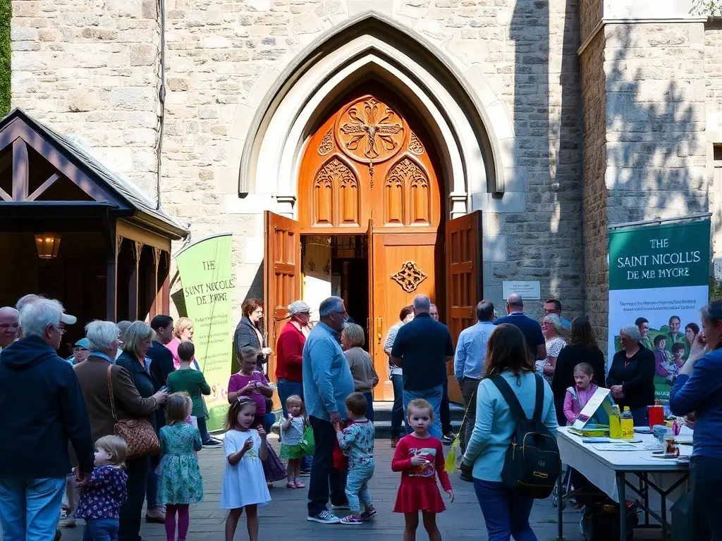 Images of recent heritage events, community gatherings, and restoration activities at Saint Nicolas de Myre.