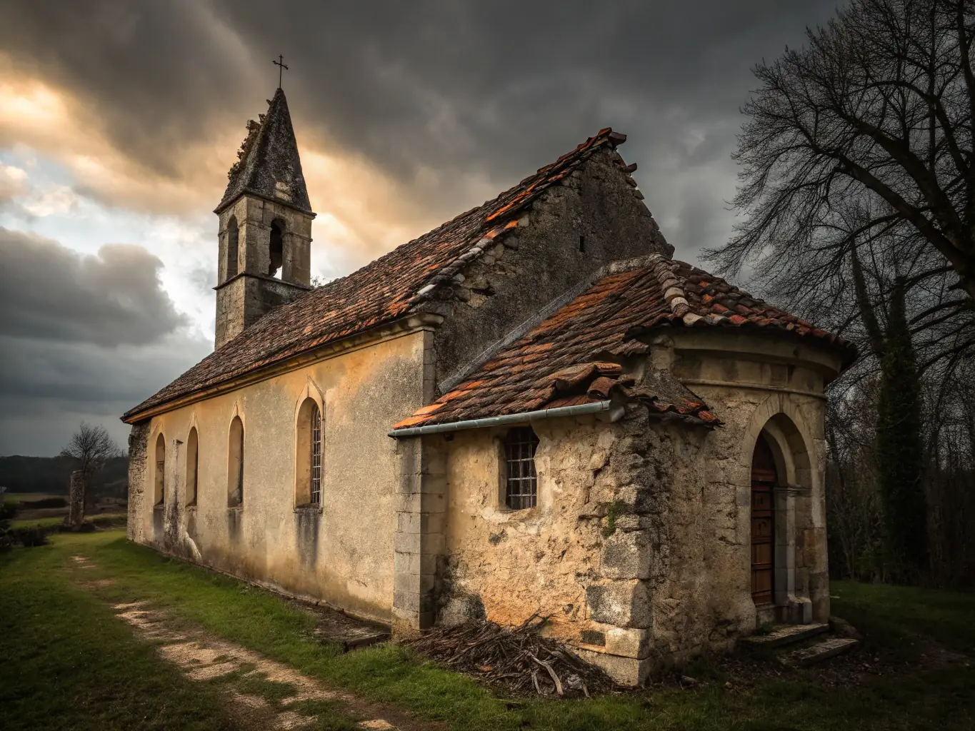Historic church interior and exterior restoration work in progress, showcasing preservation efforts for Saint Nicolas de Myre.