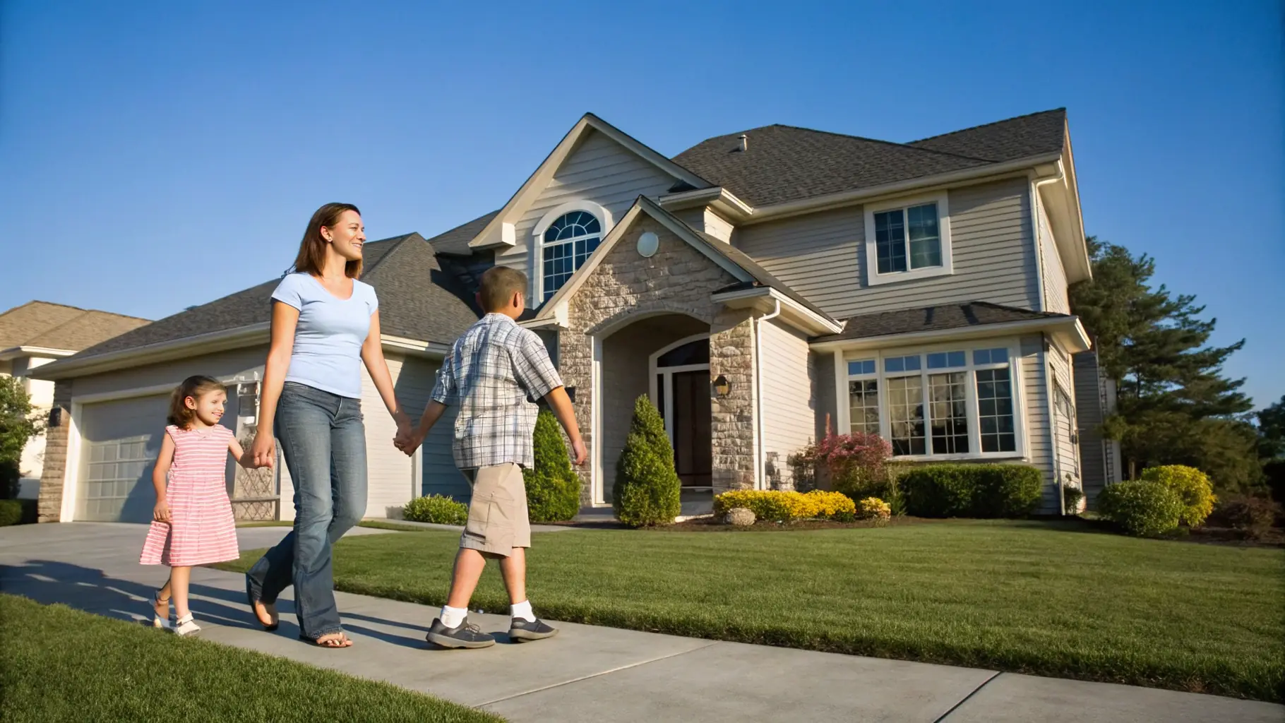 A happy family smiling and holding hands in front of their house, representing the security and peace of mind that comes from professional estate planning services.
