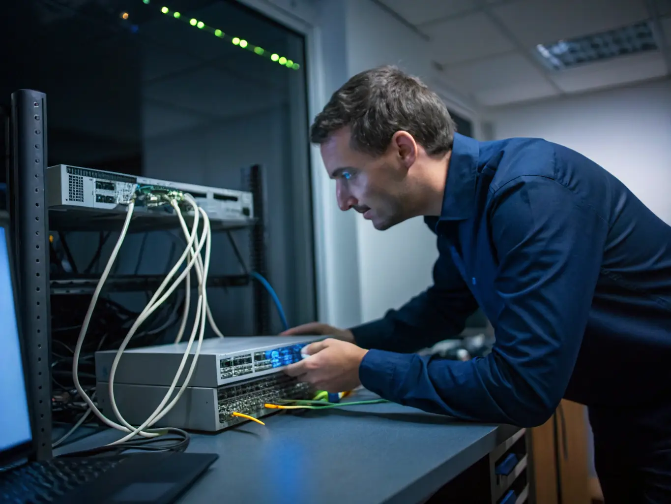 A network security engineer configuring a firewall in a server room.