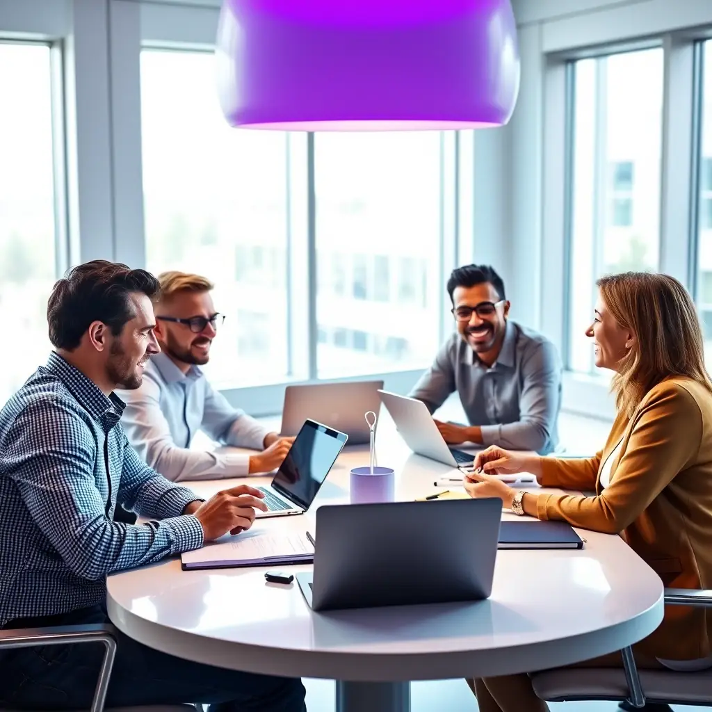 A diverse group of tech executives collaborating around a table, analyzing data on laptops and tablets, with a focus on strategic decision-making and growth planning. The scene should convey a sense of innovation, collaboration, and data-driven insights.