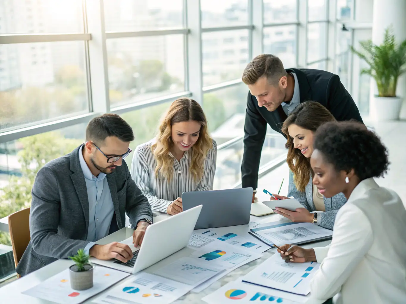 A diverse team of accountants collaborating in a modern office setting, symbolizing teamwork and expertise.