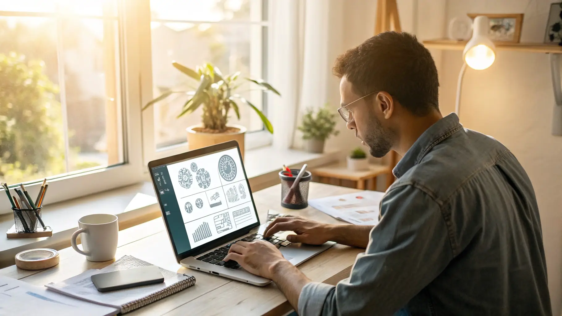 A small business owner using a laptop with an AI assistant interface displayed on the screen, showcasing the ease of use and time-saving benefits of AI.