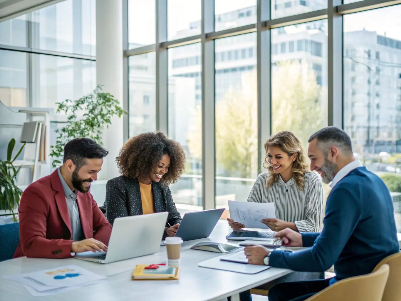 A diverse group of professionals from different ethnic backgrounds collaborating in a modern office space, symbolizing BridgesPro Connect's global network and inclusive mission.