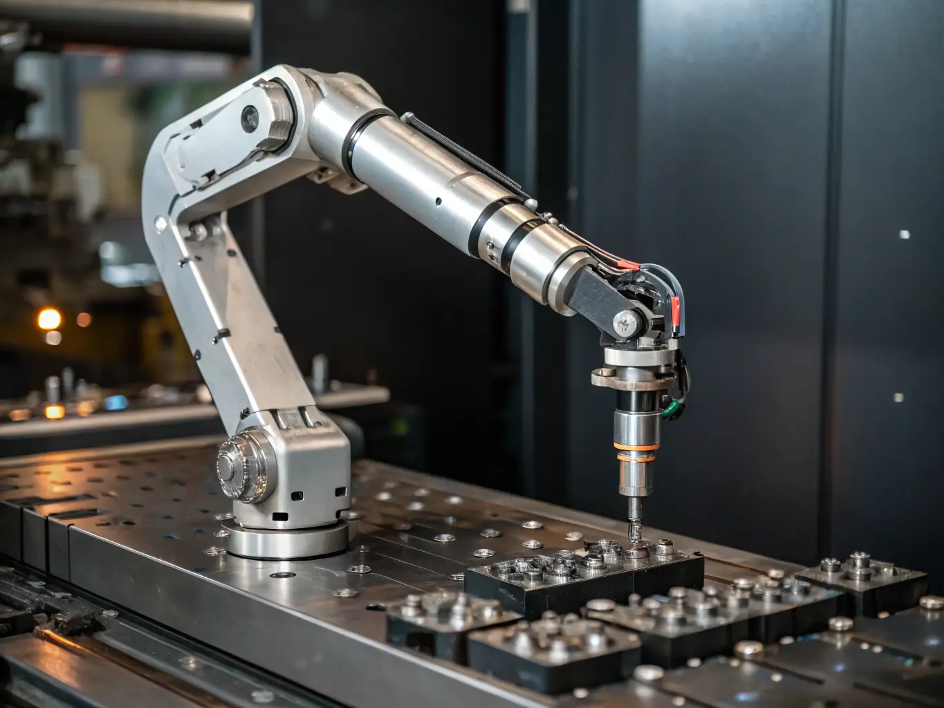 A close-up shot of a robotic arm meticulously testing the joint of a realistic sex doll in a clean, modern manufacturing facility. The focus is on the precision and care taken during the manufacturing process.