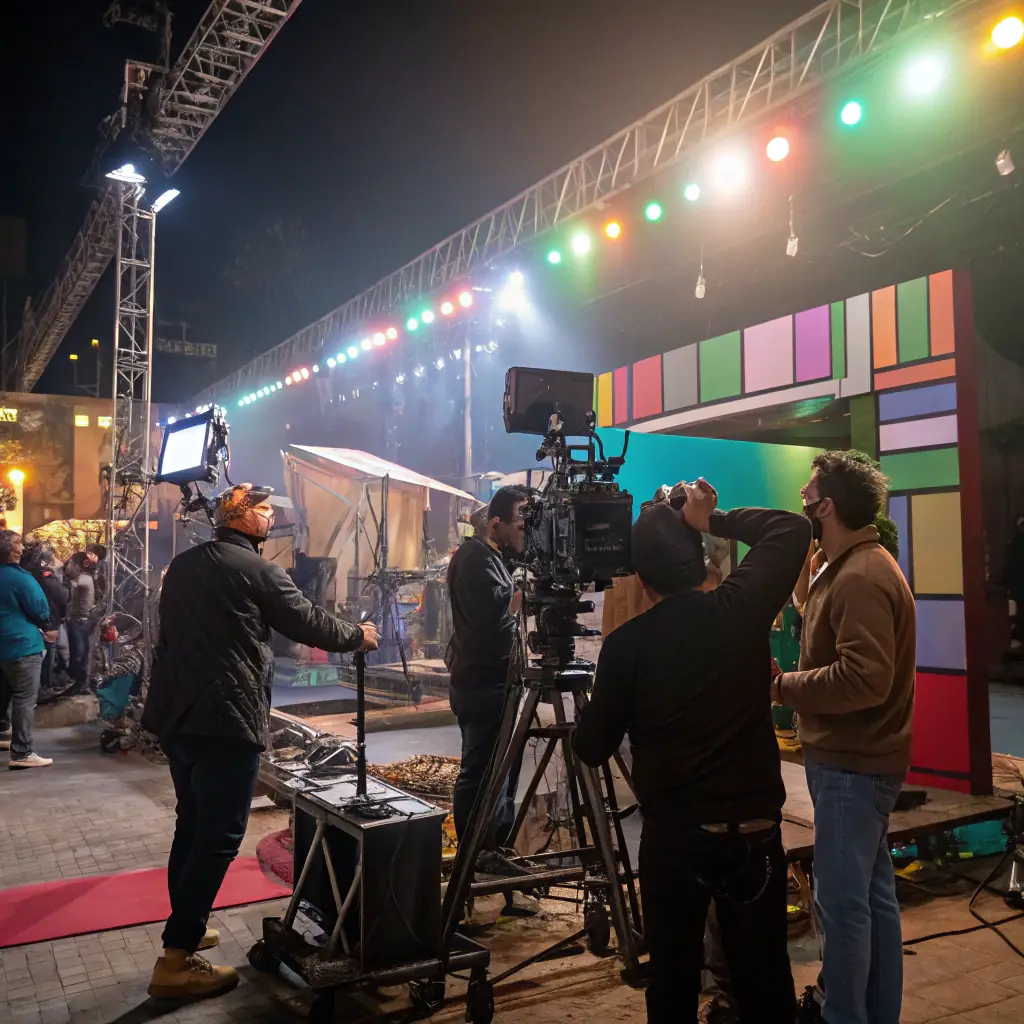 A dynamic shot of a film crew in action, capturing a scene with professional equipment and creative energy. The image should convey the excitement and collaborative spirit of filmmaking.