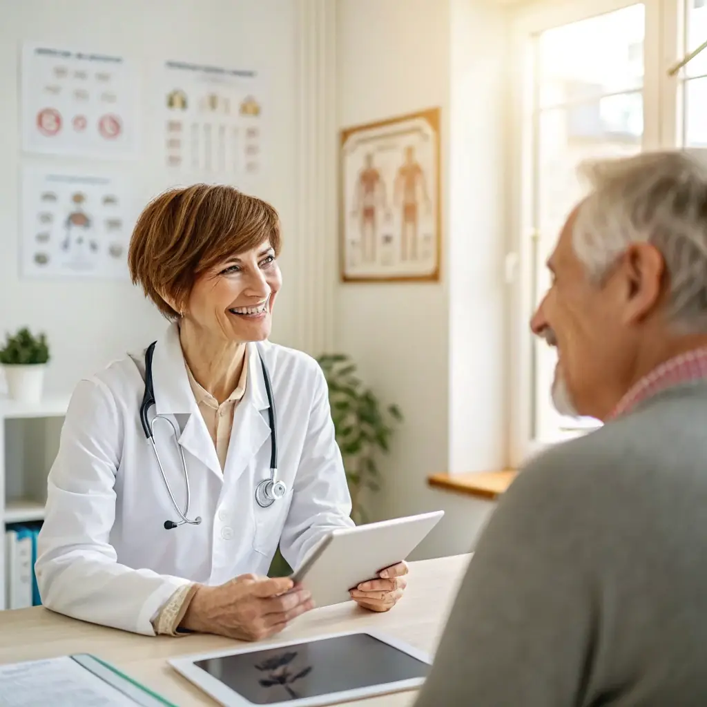 A supportive bilingual coordinator assisting a couple during their IVF consultation in Tbilisi, Georgia. The coordinator is explaining documents and procedures, ensuring the couple feels comfortable and informed. The setting is a modern clinic with a warm and reassuring atmosphere.