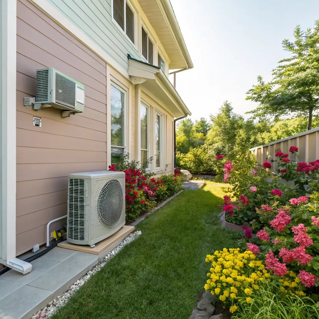 Image of a wall-mounted outdoor unit of an air heat pump on a small, one-story summer house next to a small lake in Arvika, Sweden. It is autumn, with leaves on the ground and a slightly less green lawn. The outdoor unit is mounted about 70 cm above the ground.
