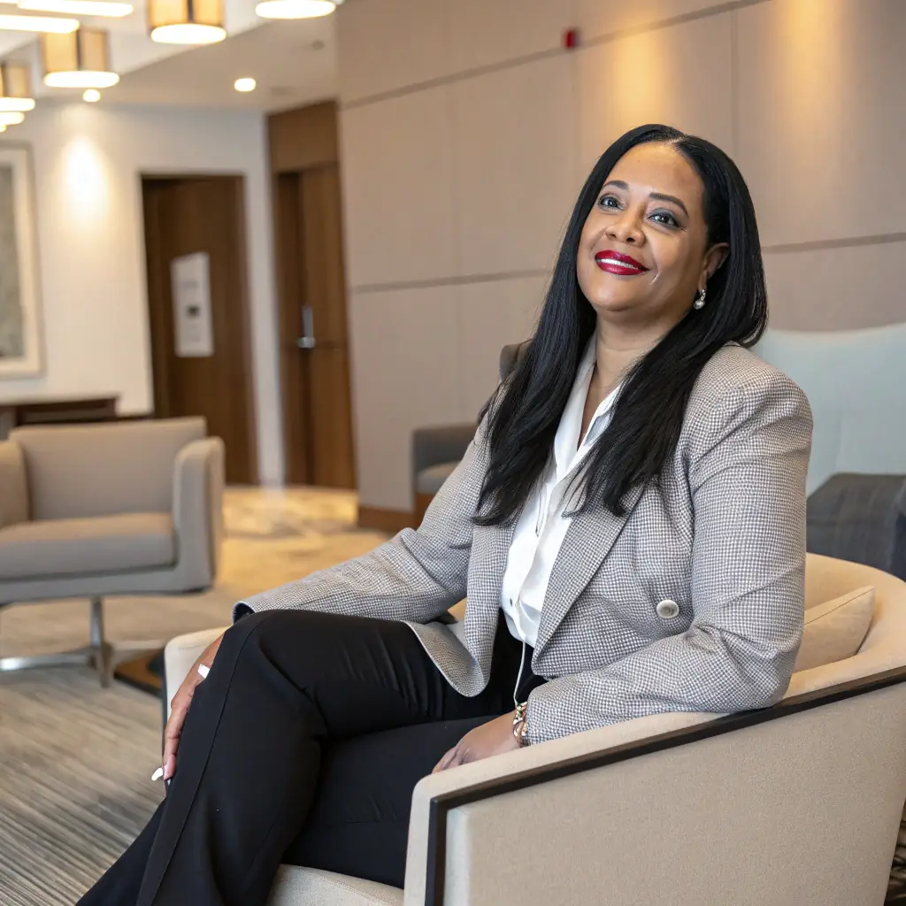 A woman with long black hair wearing a professional blouse.