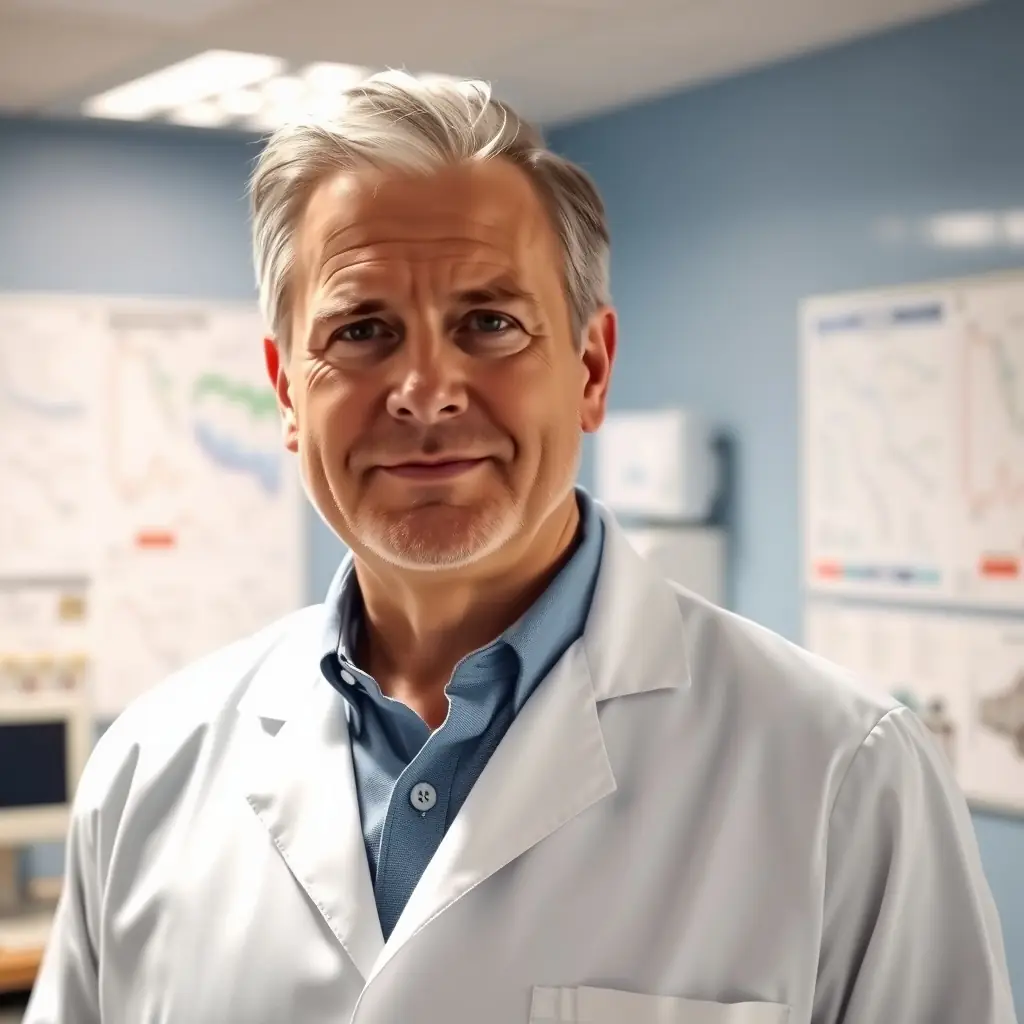 A man with short blonde hair wearing a lab coat.