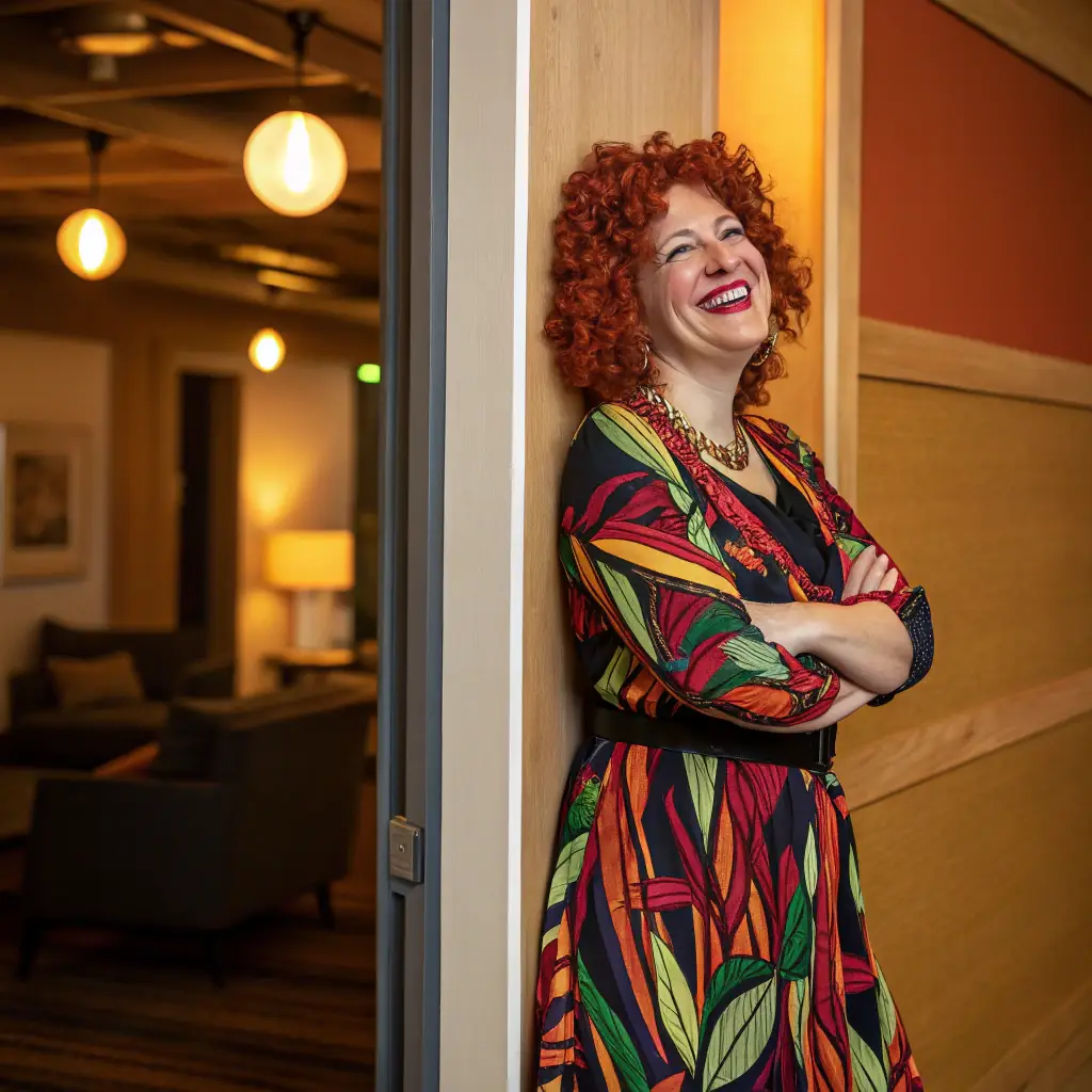 A woman with curly red hair wearing a casual dress.